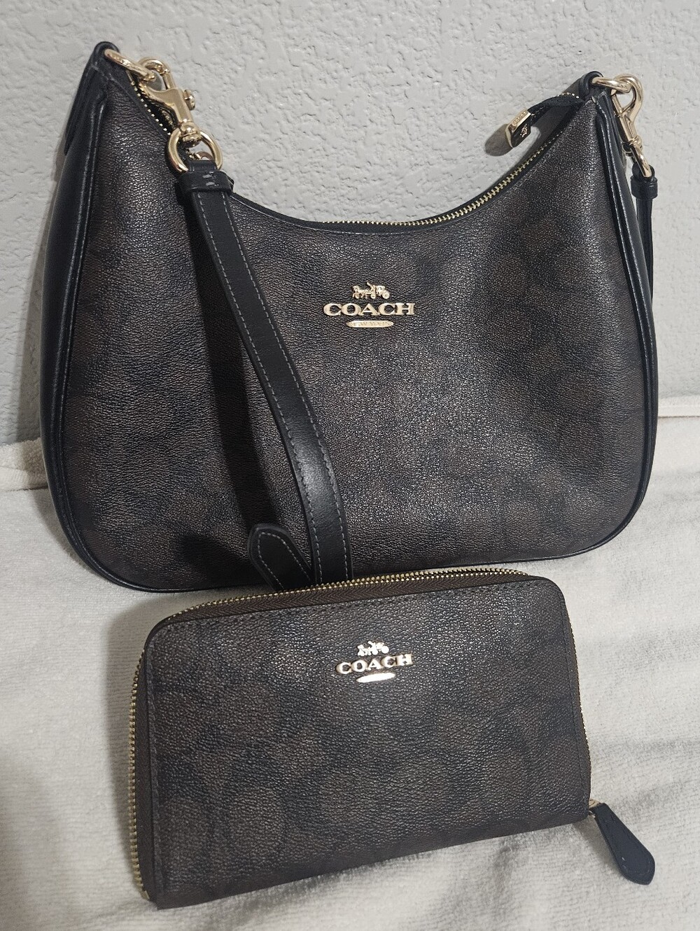 Coach Brown and Black Signature Shoulder Bag with Matching Wallet